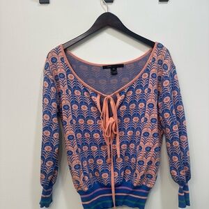 Marc Jacobs Blue and Pink Tie-Front Patterned Knit Top